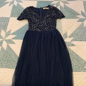 sequined and tulle formal midi dress